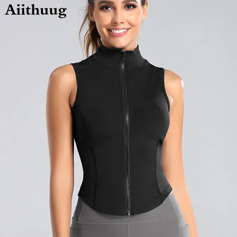 Women's Zip-Up Sweat Vest – Sleeveless High-Neck Workout Top for Fitness & Yoga