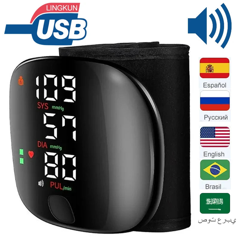 LED Wrist Blood Pressure Monitor – Rechargeable with Multilingual Voice Guide