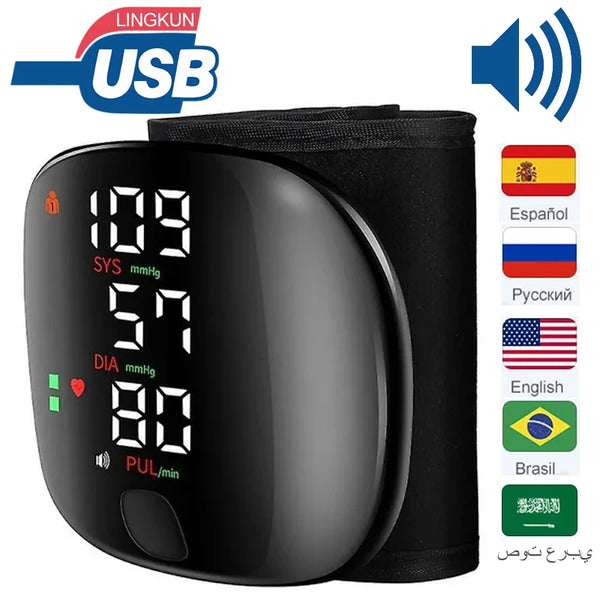 LED Wrist Blood Pressure Monitor – Rechargeable with Multilingual Voice Guide