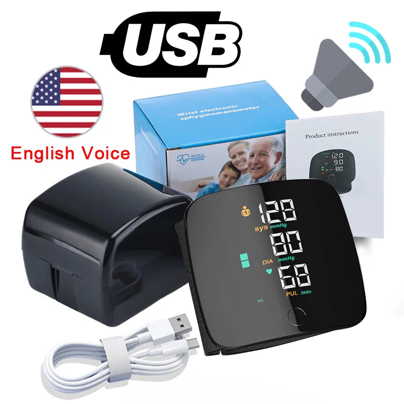 LED Wrist Blood Pressure Monitor – Rechargeable with Multilingual Voice Guide