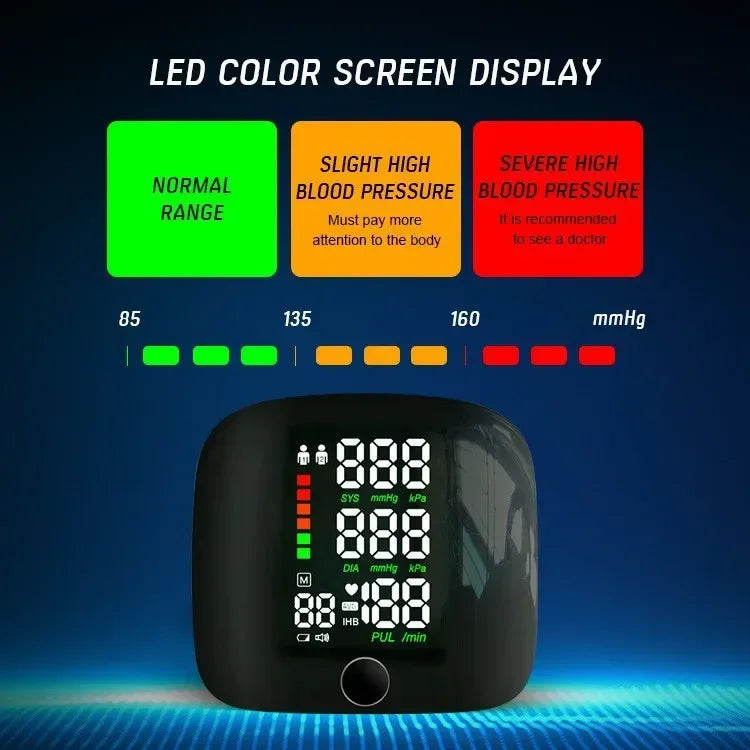 LED Wrist Blood Pressure Monitor – Rechargeable with Multilingual Voice Guide