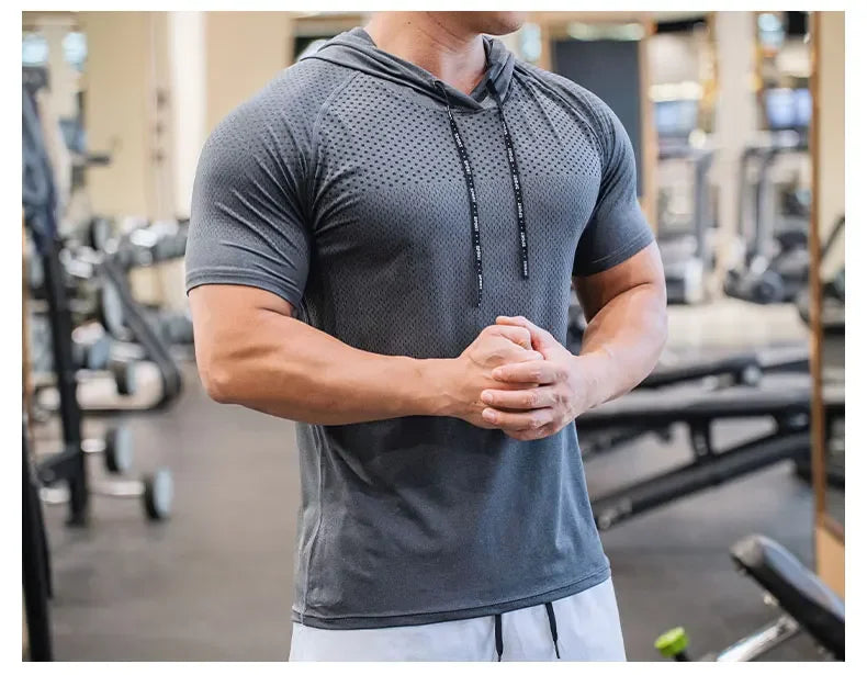 Men's Hooded Short Sleeve Gym Shirt – Quick-Dry Training Top