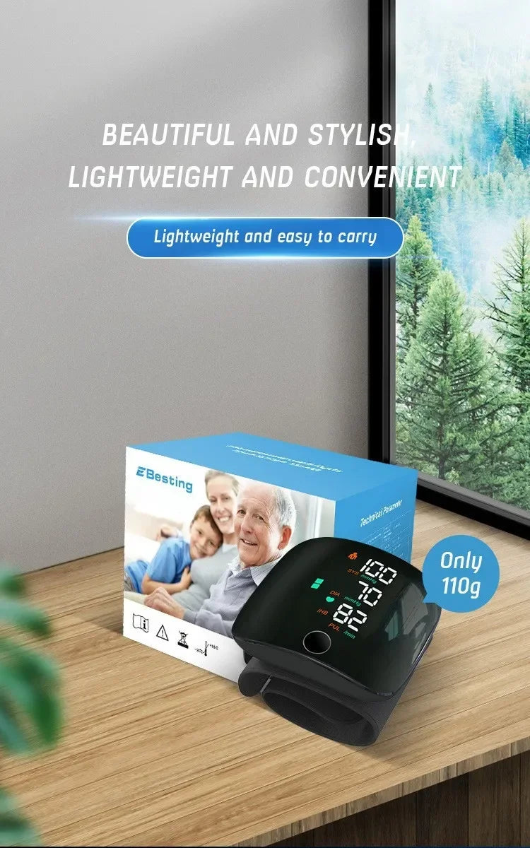 LED Wrist Blood Pressure Monitor – Rechargeable with Multilingual Voice Guide