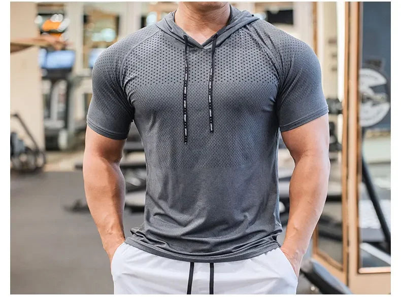 Men's Hooded Short Sleeve Gym Shirt – Quick-Dry Training Top