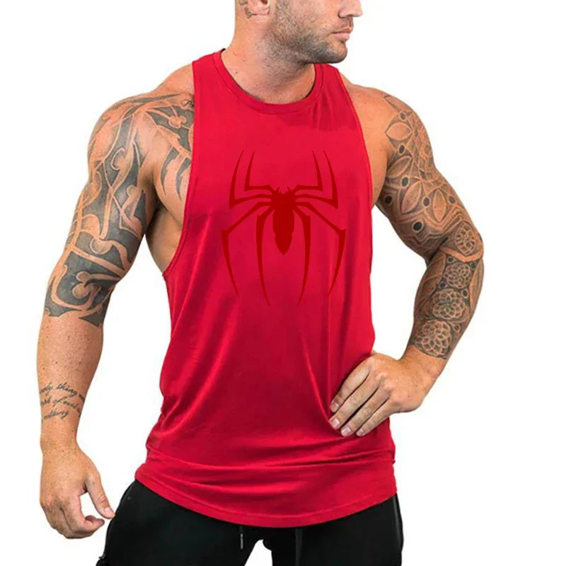Men's Red Spider Print Cotton Gym Tank Top