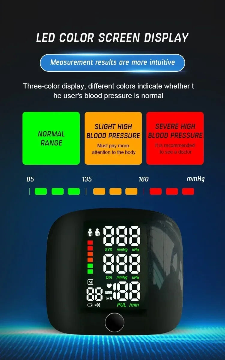 LED Wrist Blood Pressure Monitor – Rechargeable with Multilingual Voice Guide