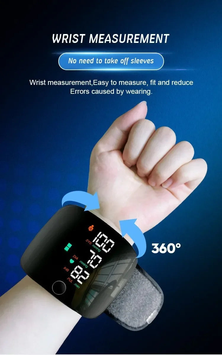 LED Wrist Blood Pressure Monitor – Rechargeable with Multilingual Voice Guide