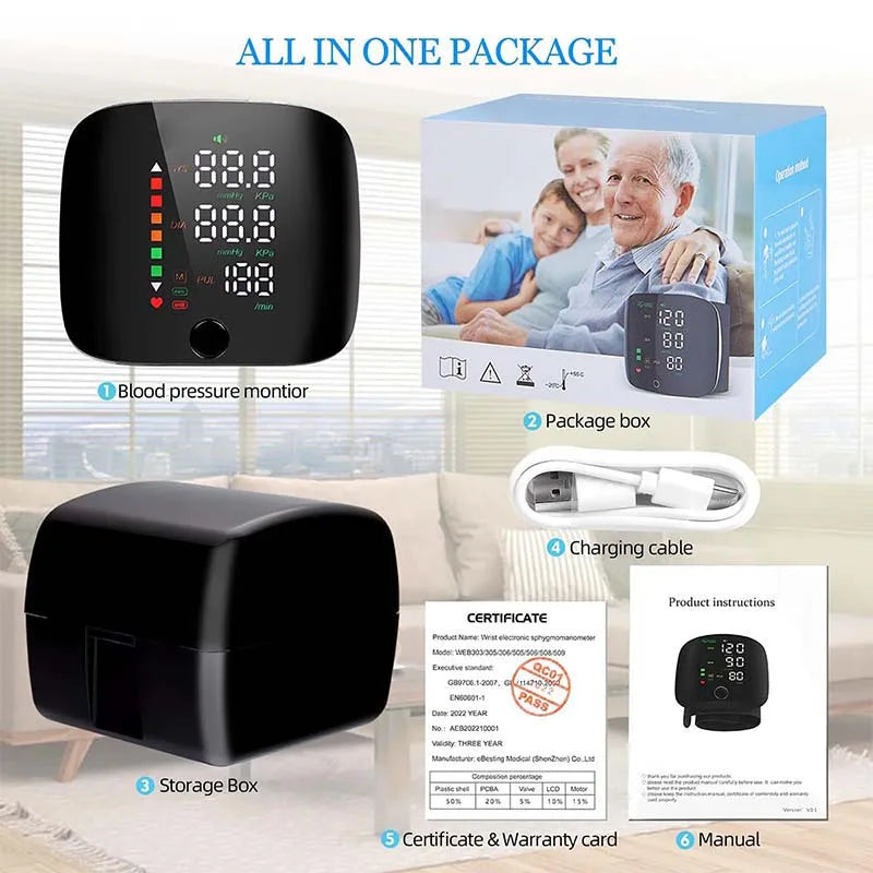 LED Wrist Blood Pressure Monitor – Rechargeable with Multilingual Voice Guide