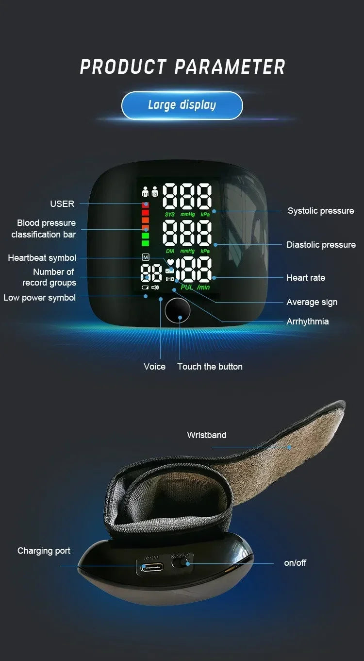 LED Wrist Blood Pressure Monitor – Rechargeable with Multilingual Voice Guide