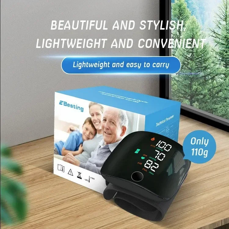 LED Wrist Blood Pressure Monitor – Rechargeable with Multilingual Voice Guide