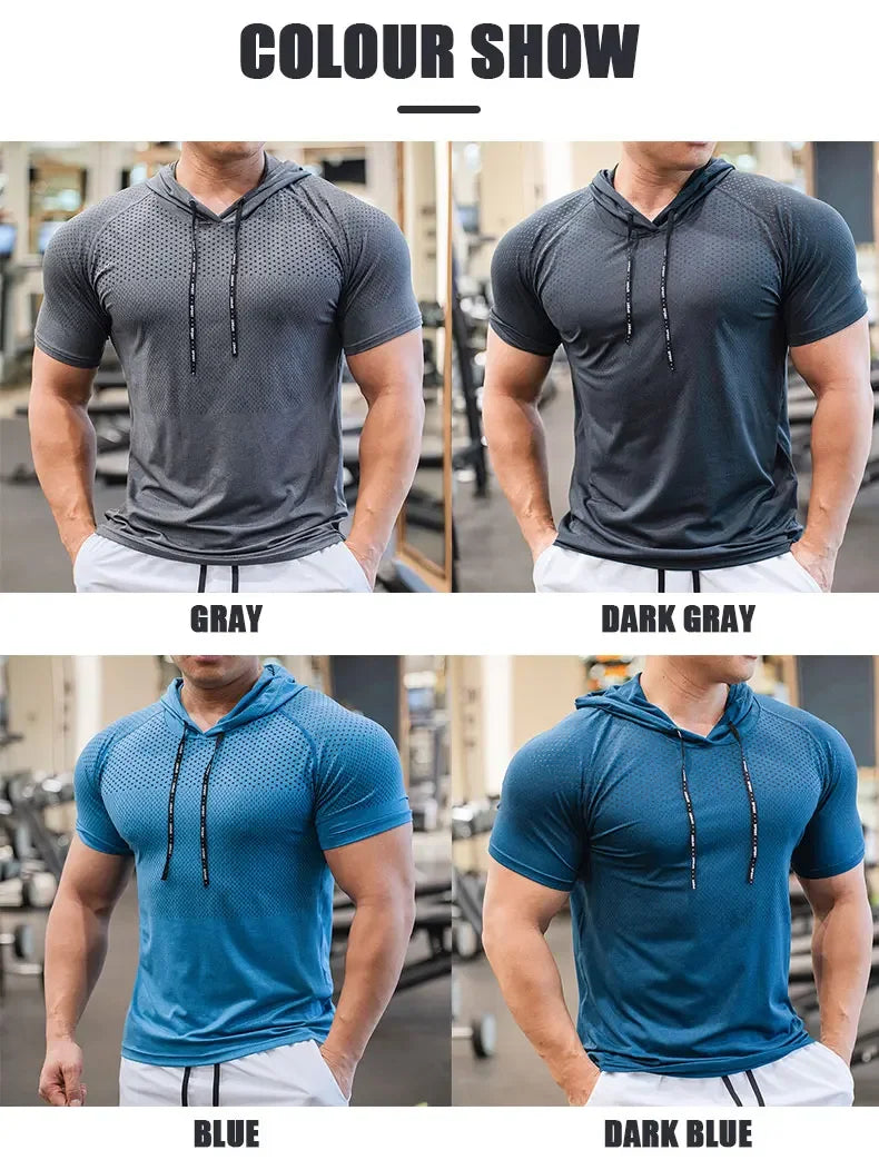 Men's Hooded Short Sleeve Gym Shirt – Quick-Dry Training Top