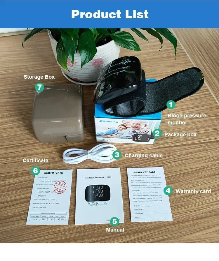 LED Wrist Blood Pressure Monitor – Rechargeable with Multilingual Voice Guide