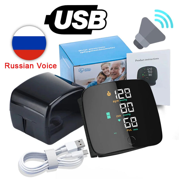 LED Wrist Blood Pressure Monitor – Rechargeable with Multilingual Voice Guide