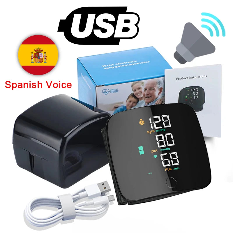 LED Wrist Blood Pressure Monitor – Rechargeable with Multilingual Voice Guide