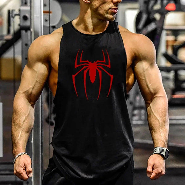 Men's Red Spider Print Cotton Gym Tank Top