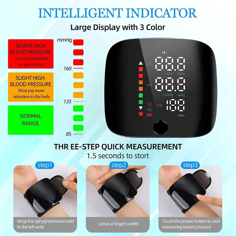 LED Wrist Blood Pressure Monitor – Rechargeable with Multilingual Voice Guide