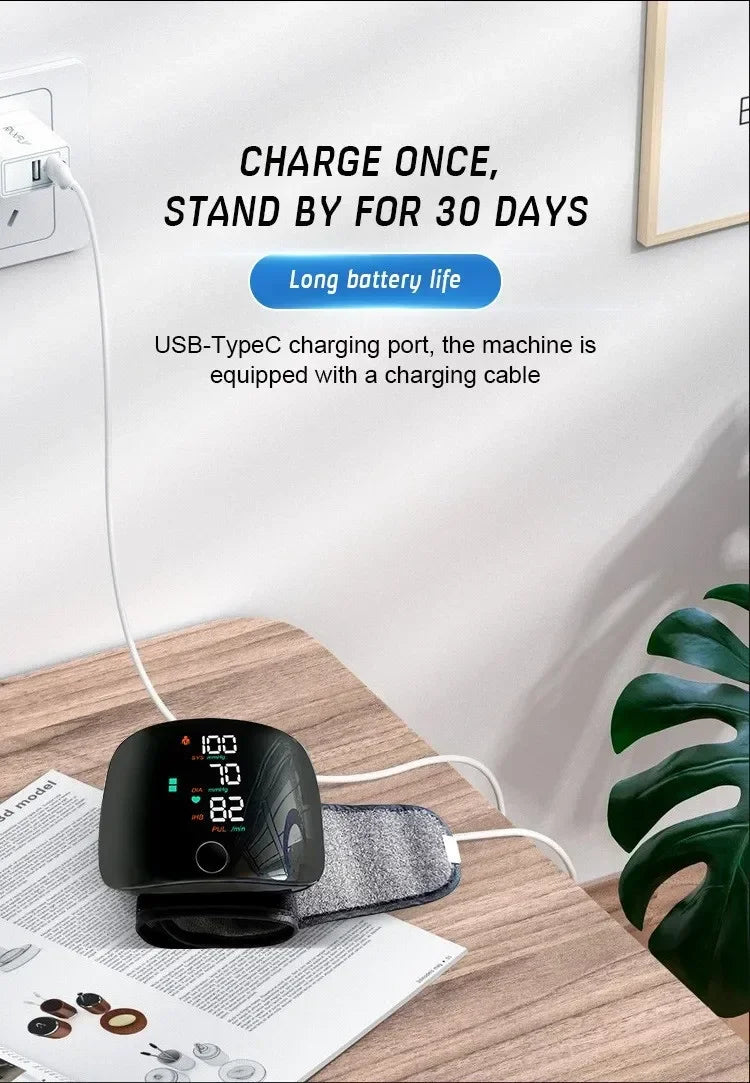 LED Wrist Blood Pressure Monitor – Rechargeable with Multilingual Voice Guide