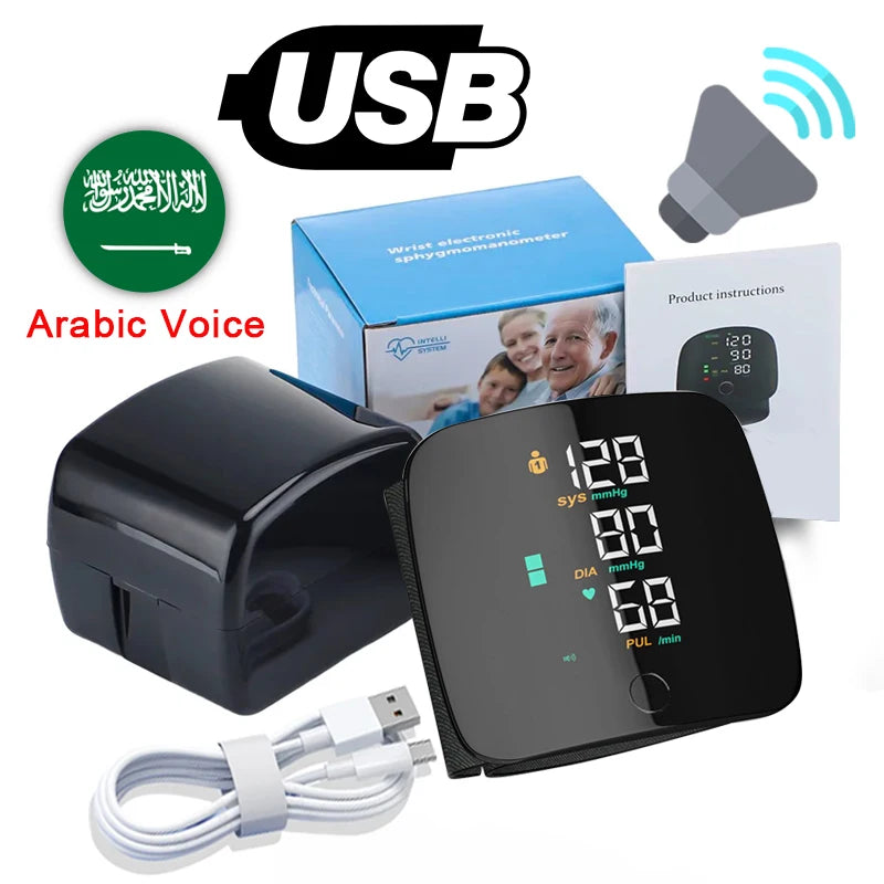 LED Wrist Blood Pressure Monitor – Rechargeable with Multilingual Voice Guide