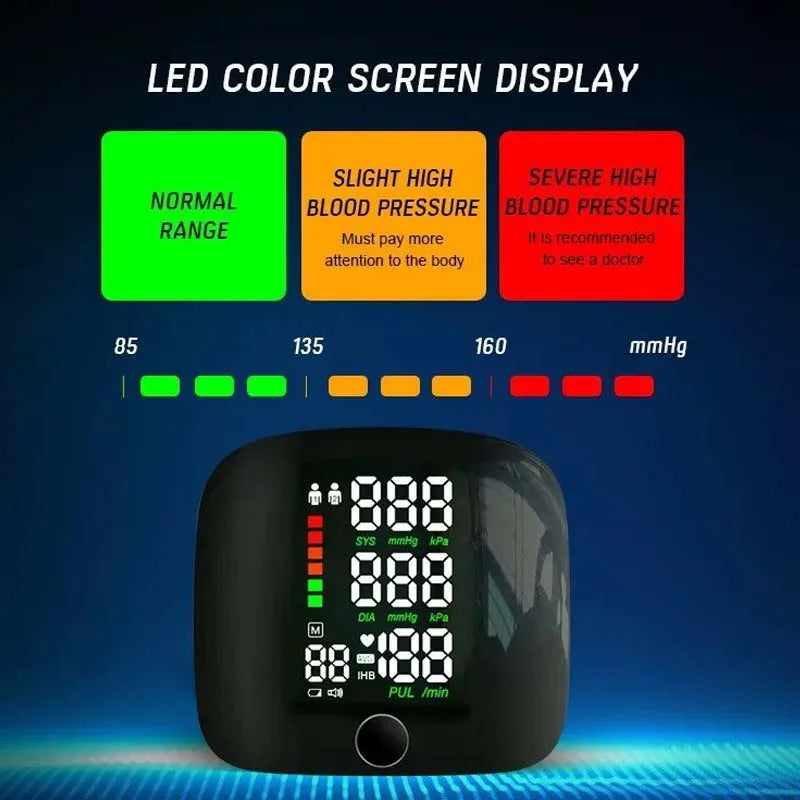LED Wrist Blood Pressure Monitor – Rechargeable with Multilingual Voice Guide