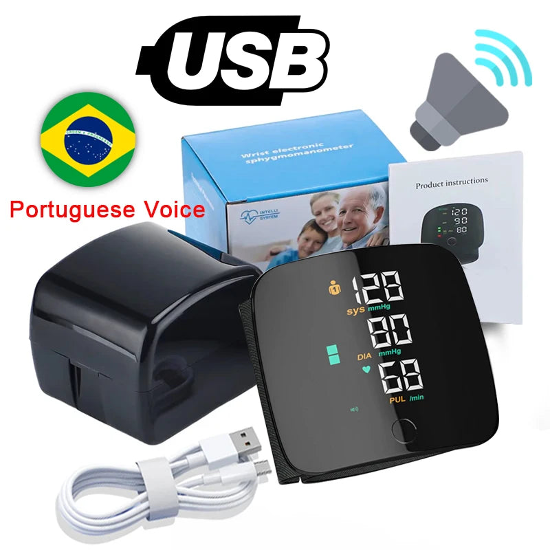 LED Wrist Blood Pressure Monitor – Rechargeable with Multilingual Voice Guide