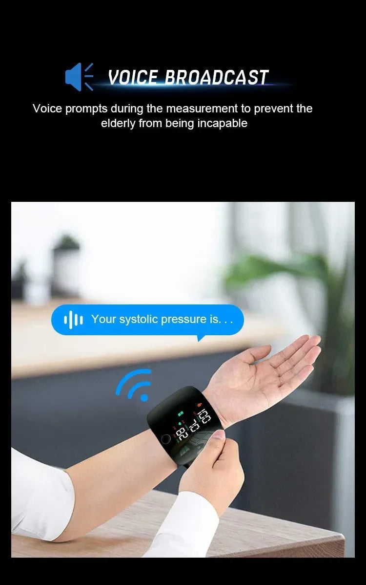 LED Wrist Blood Pressure Monitor – Rechargeable with Multilingual Voice Guide