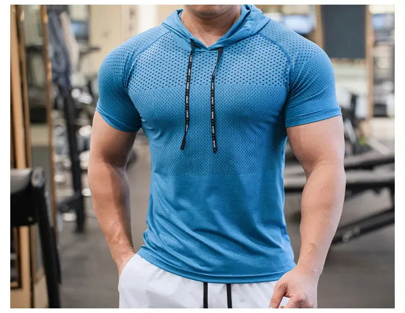 Men's Hooded Short Sleeve Gym Shirt – Quick-Dry Training Top