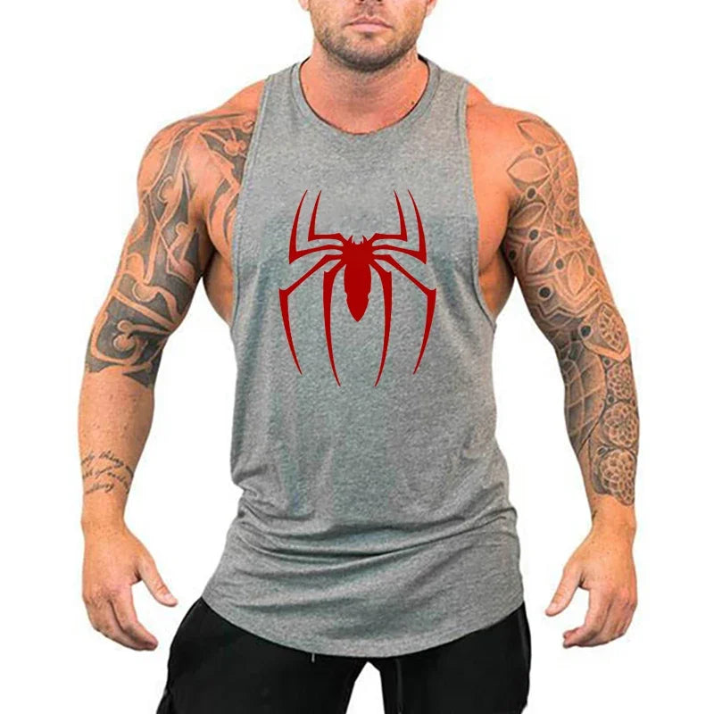 Men's Red Spider Print Cotton Gym Tank Top
