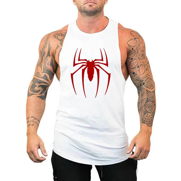Men's Red Spider Print Cotton Gym Tank Top