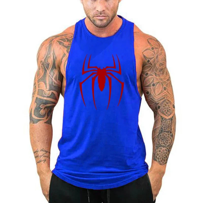 Men's Red Spider Print Cotton Gym Tank Top
