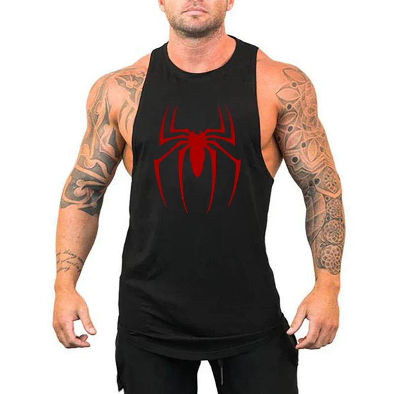 Men's Red Spider Print Cotton Gym Tank Top